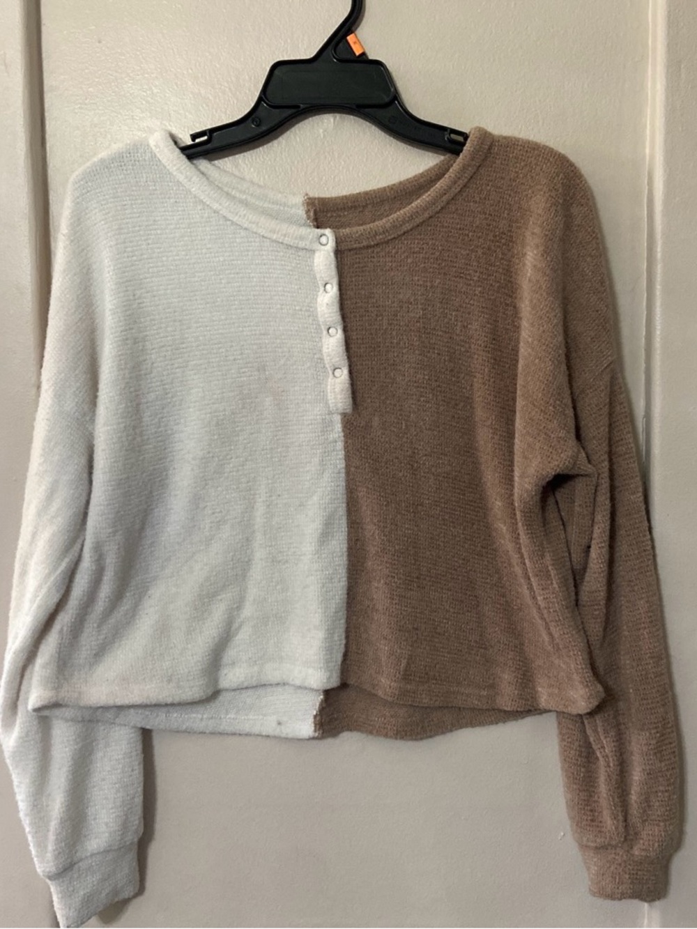 Hollister Two-Tone Crewneck Button Sweater — White & Brown